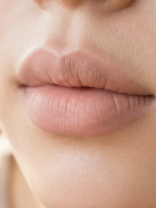 Close-up of lips with smooth matte primer applied showing even texture and preparation
