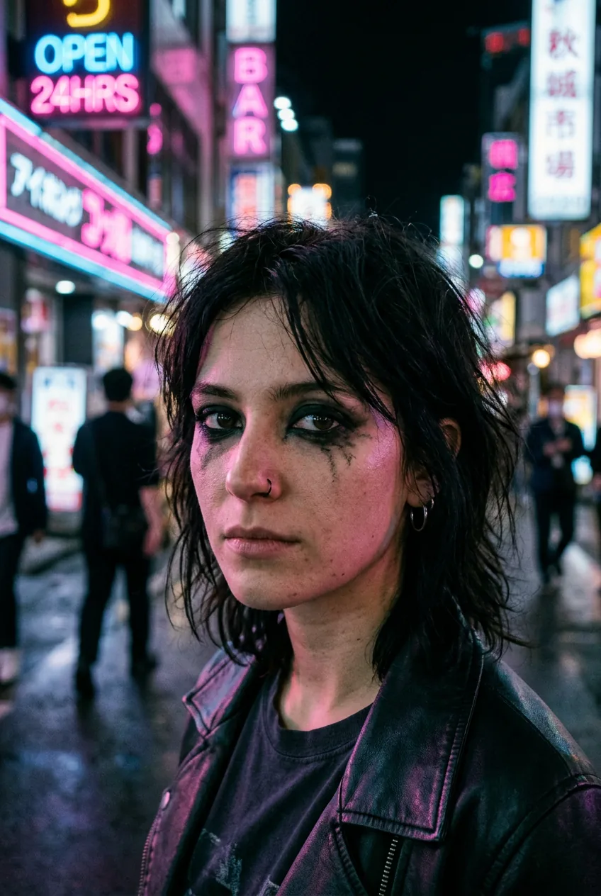 Woman with deliberately smudged black eyeliner and mascara in neon-lit city setting