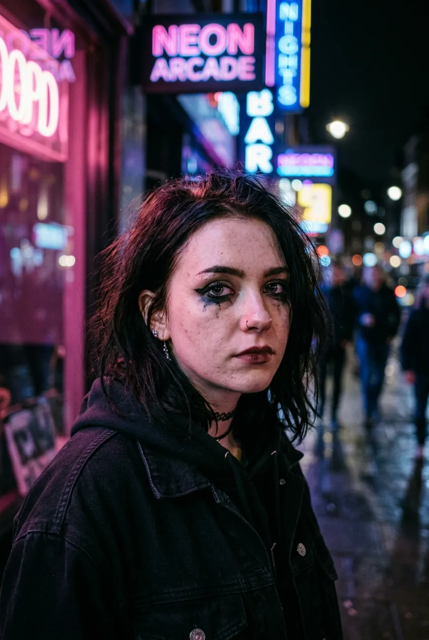 Woman with smudged black eyeliner showing imperfect authentic emo makeup look