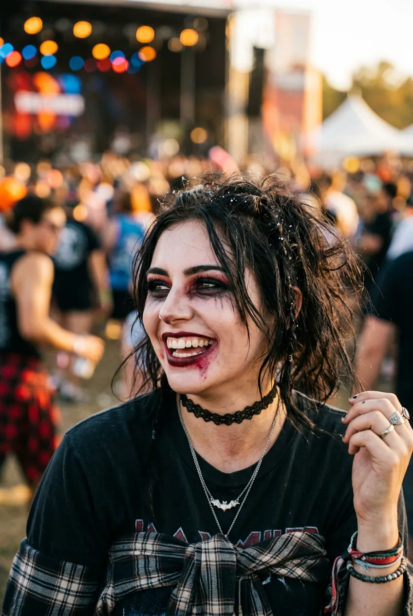 Woman with smudged gothic vampire halloween makeup featuring deliberately imperfect dark application