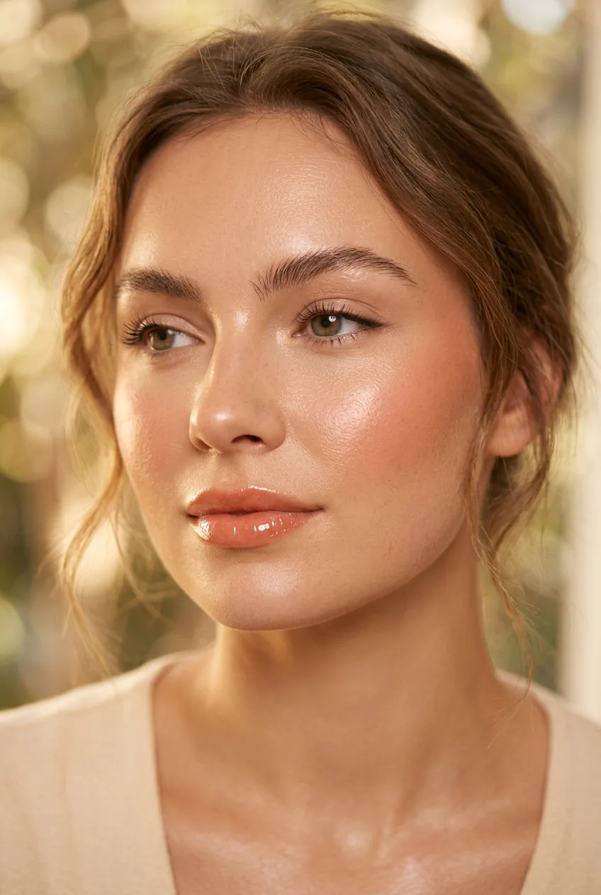 Woman with luminous dewy skin makeup featuring peachy blush and glossy lips
