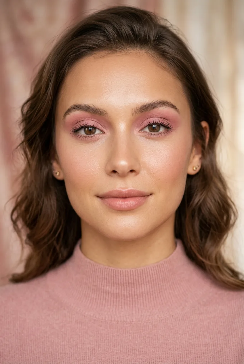 Woman with soft pink cream eyeshadow blended across eyelids showing romantic eye makeup technique