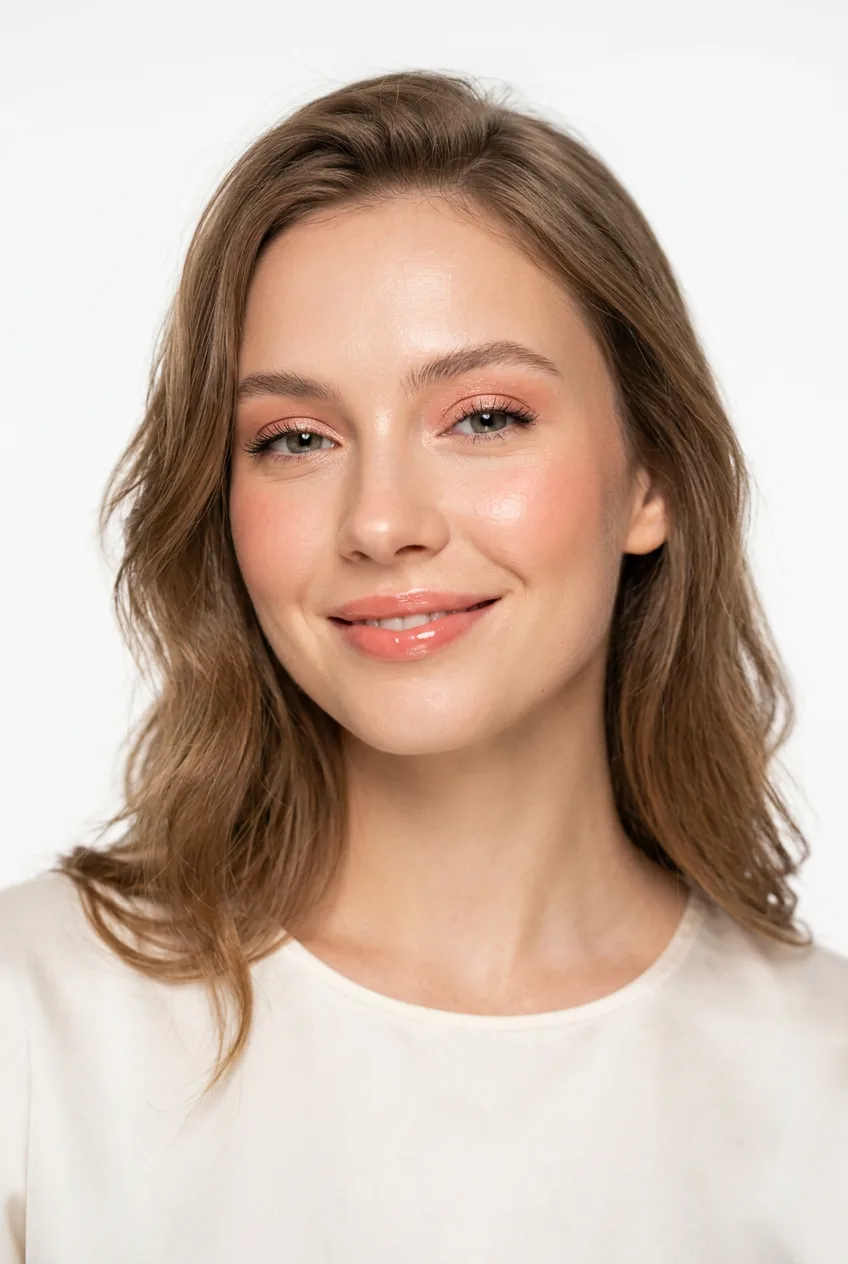Woman wearing soft romantic makeup with peachy pink tones and dewy glowing skin finish
