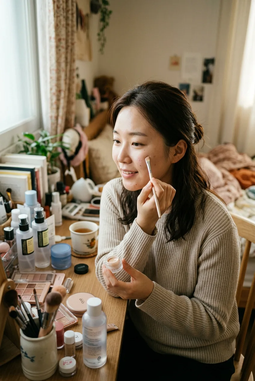 Woman using small brush for Korean spot concealer technique at makeup vanity