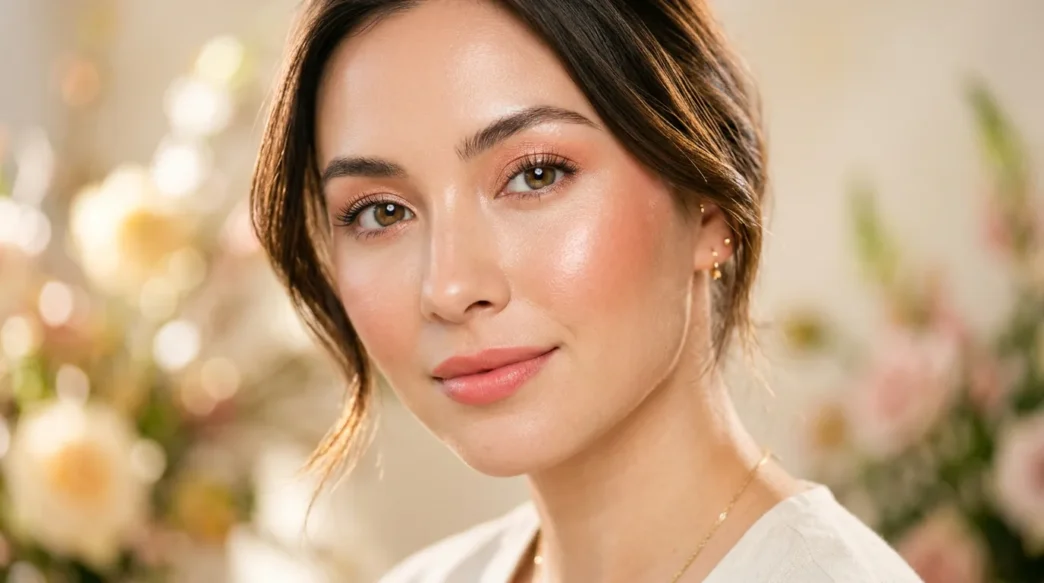 Woman with soft dewy spring makeup look featuring coral blush and glowing skin