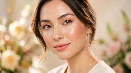 Woman with soft dewy spring makeup look featuring coral blush and glowing skin