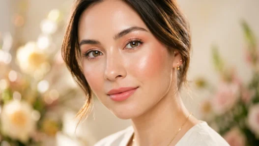 Woman with soft dewy spring makeup look featuring coral blush and glowing skin