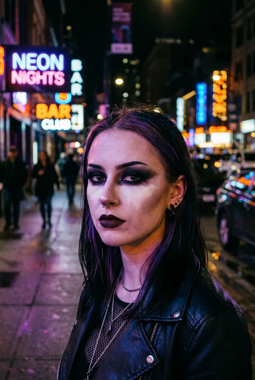 Woman with stark white concealer base and dark smoky eyes under purple and orange neon street lights