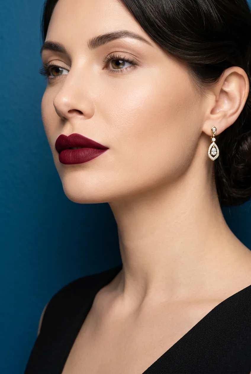 Close-up of woman wearing deep burgundy matte lipstick with perfectly defined lip line