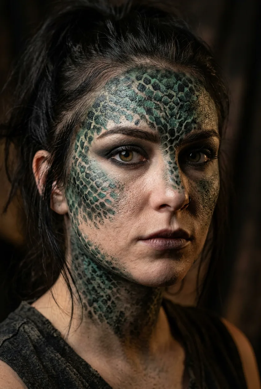 Woman showing textured stippled makeup technique creating realistic monster scales skin effect
