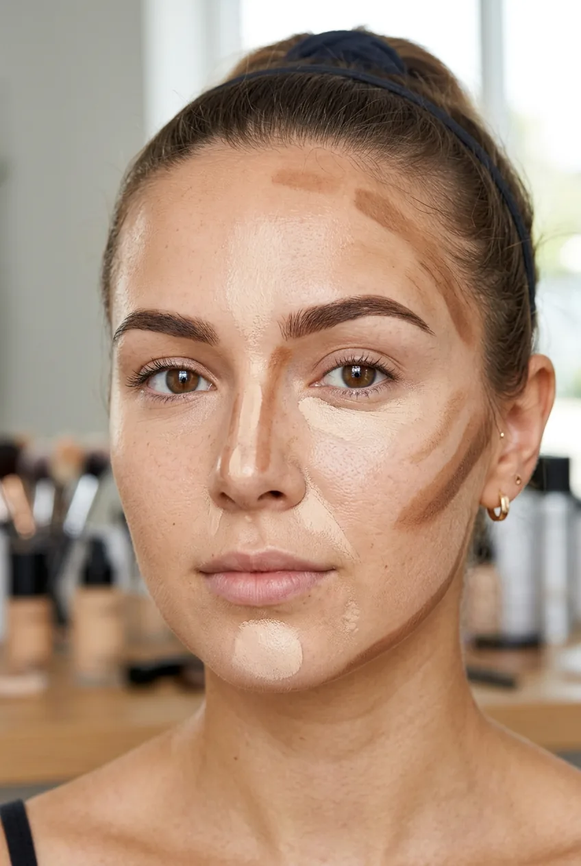 Close-up showing strategic foundation zones with darker and lighter areas on face