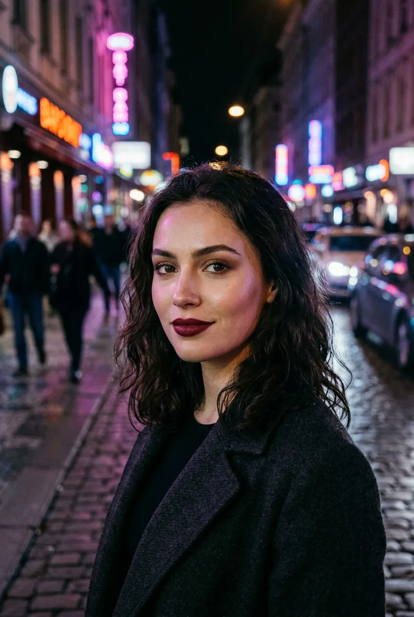 Woman wearing subtle vampire-inspired makeup with wine-colored lips and neutral eye makeup