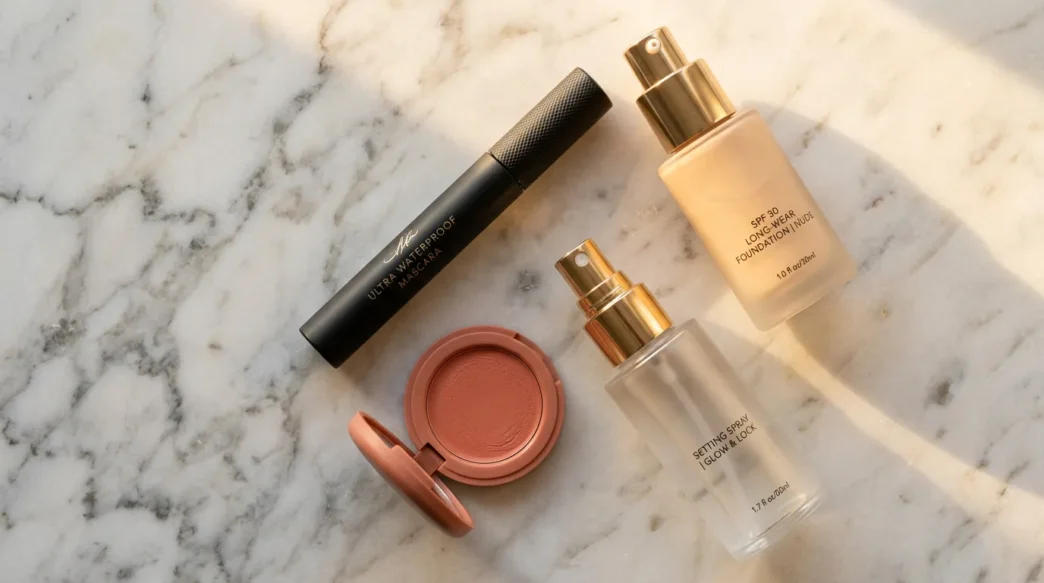 Summer makeup products including waterproof mascara and long-wear foundation arranged on marble surface