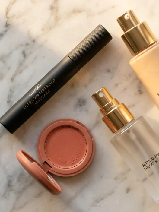 Summer makeup products including waterproof mascara and long-wear foundation arranged on marble surface