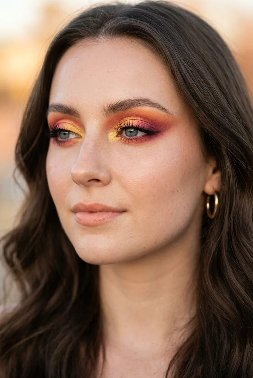 Woman with vibrant sunset eyeshadow in orange pink and gold tones