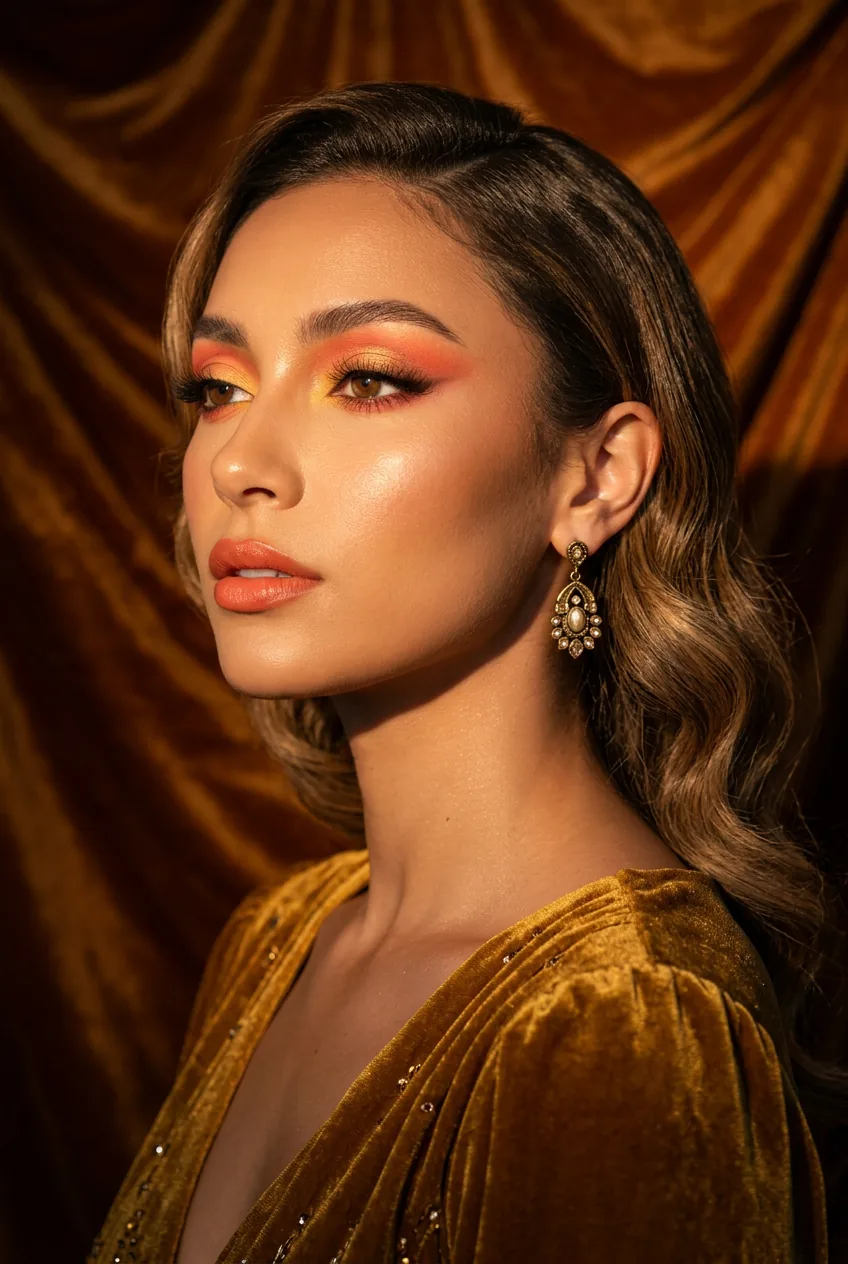 Woman with sunset gradient eyeshadow blending orange coral peach and yellow gold tones