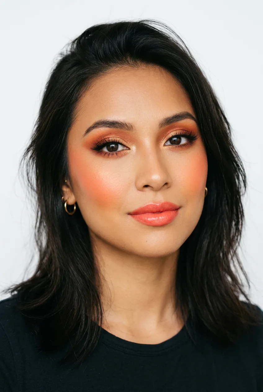 Woman with sunset-inspired makeup featuring warm orange and golden tones across eyes and cheeks