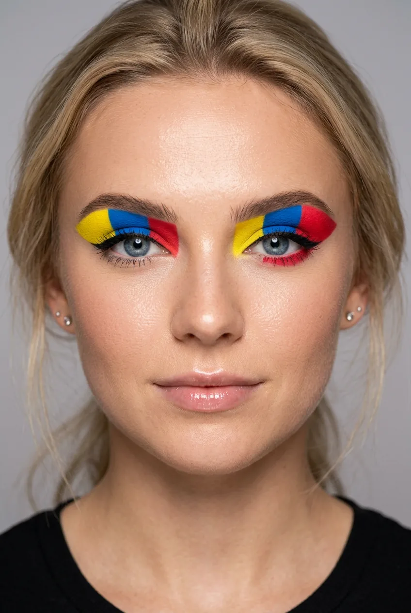 Woman showing superhero color block makeup with separate bright blue red yellow eyeshadow sections