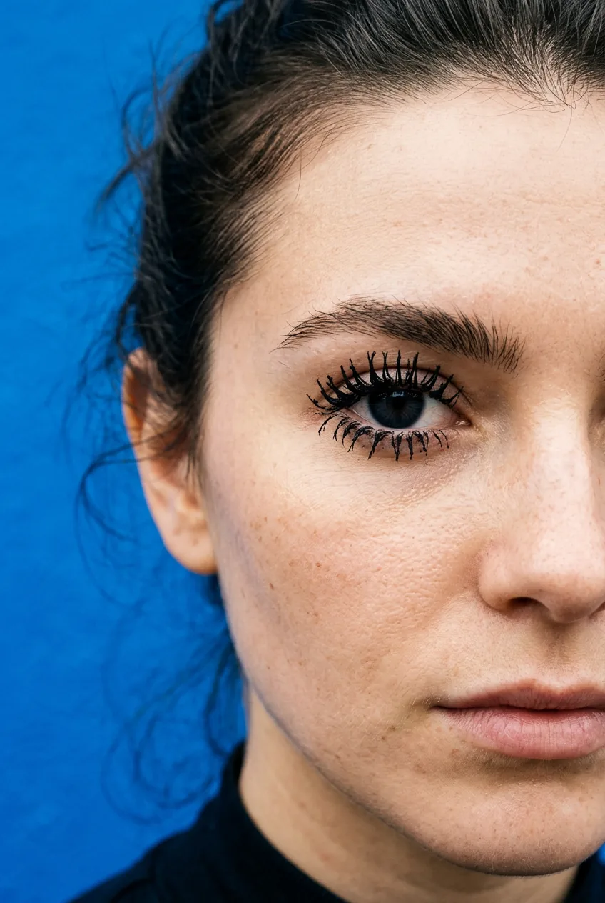 Woman with textured clumpy mascara creating editorial undone lash effect
