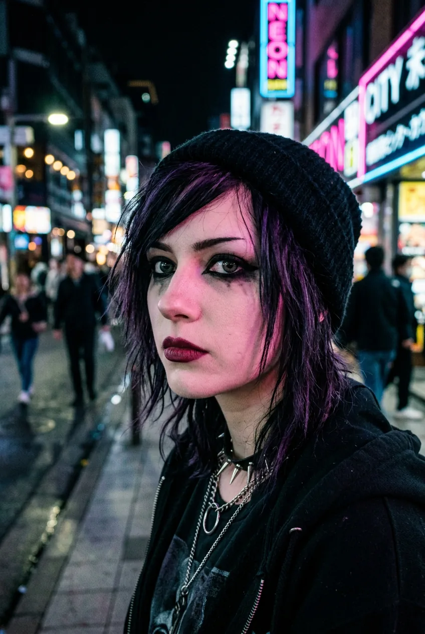 Close-up of woman showing thick black kohl-rimmed eyes with pale skin and dramatic contrast