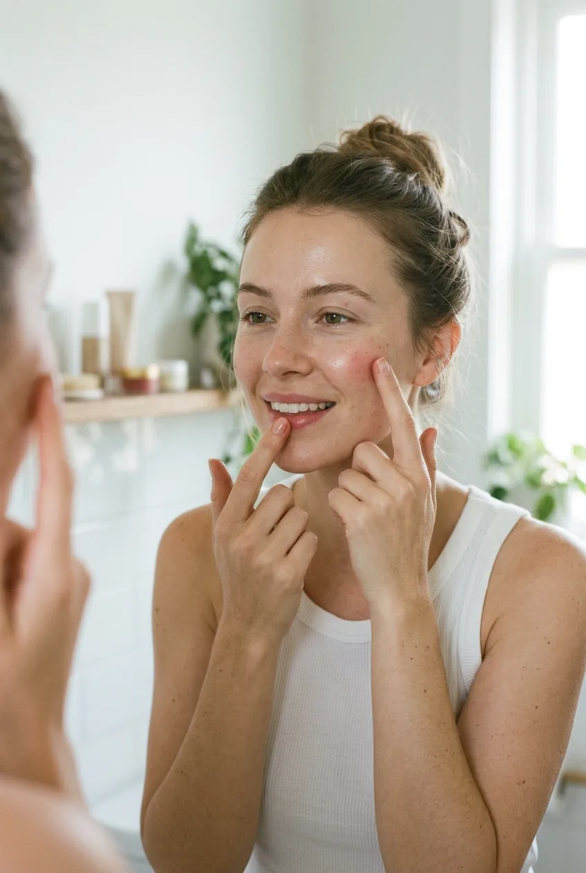 Woman pressing tinted lip balm onto lips and cheeks demonstrating multipurpose clean girl technique