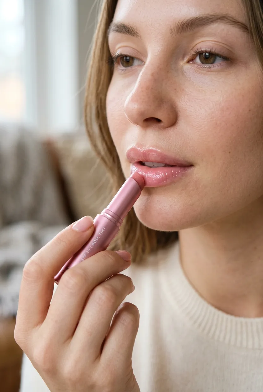 Woman applying tinted lip balm with SPF in natural daylight showing hydrated finish