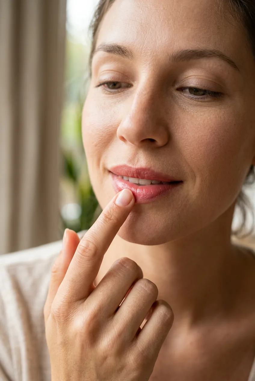 Finger applying tinted lip balm in natural rose shade to lips in close-up shot