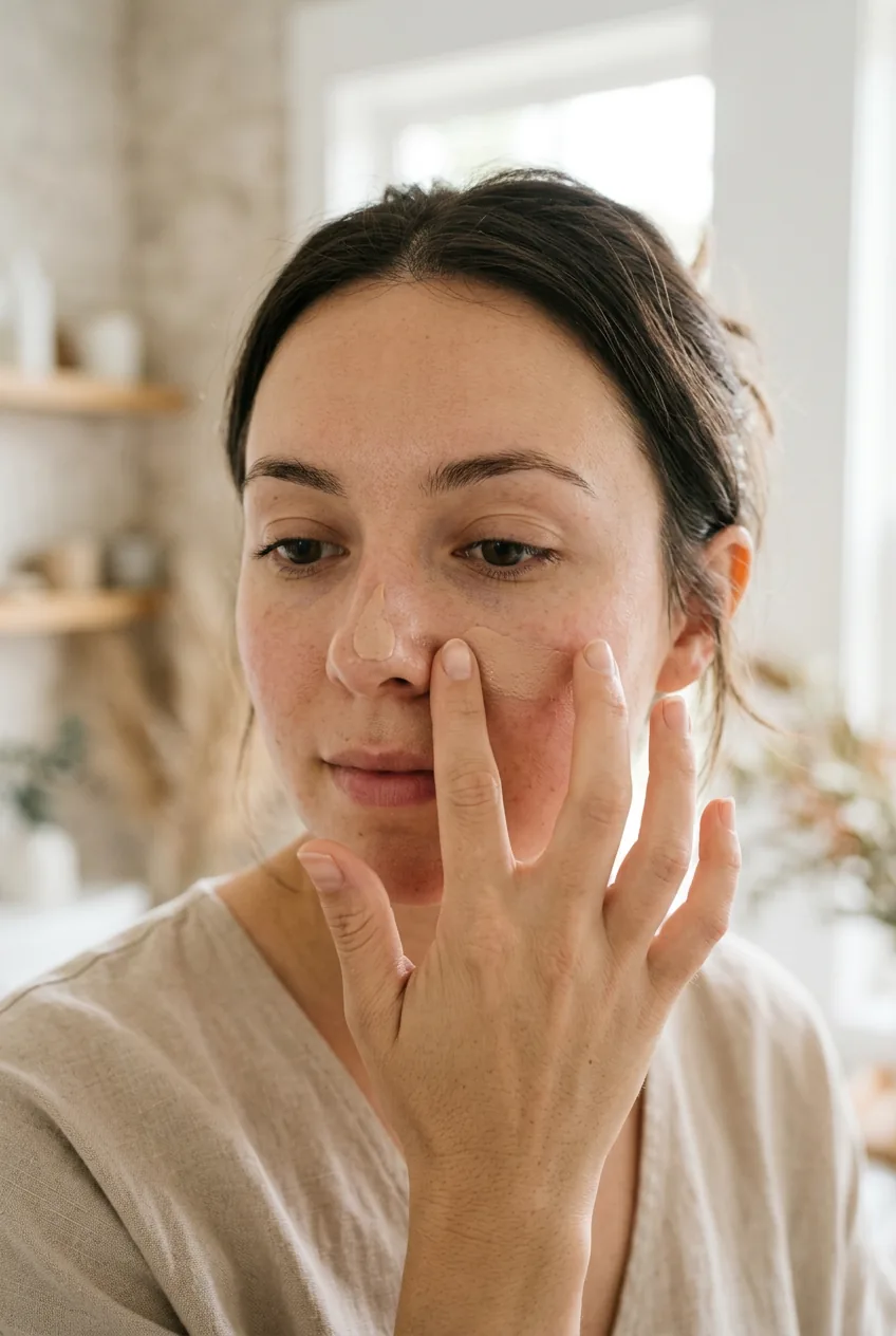 Woman's hand pressing small amount of tinted moisturizer into center of face showing natural coverage