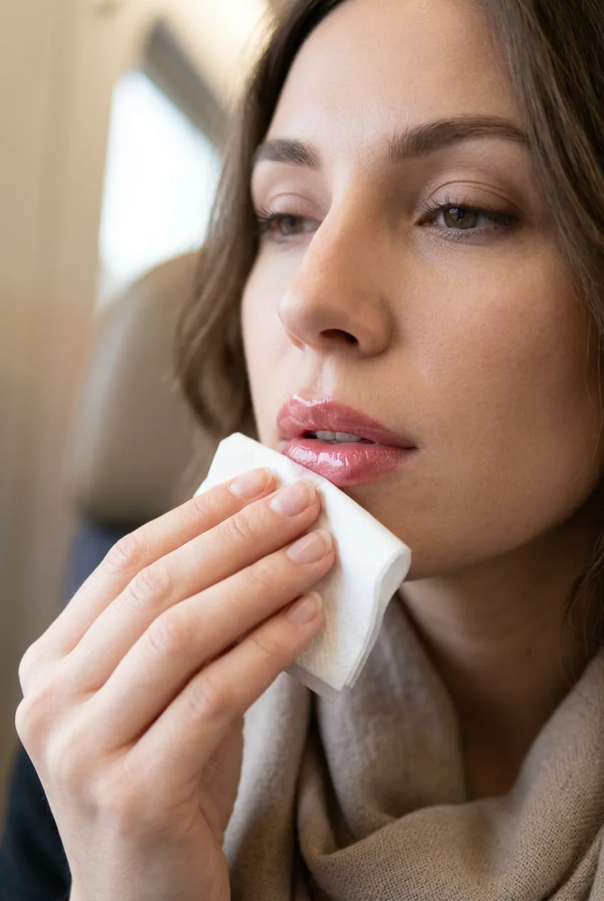 Tissue gently blotting excess lip gloss to remove buildup and smooth application
