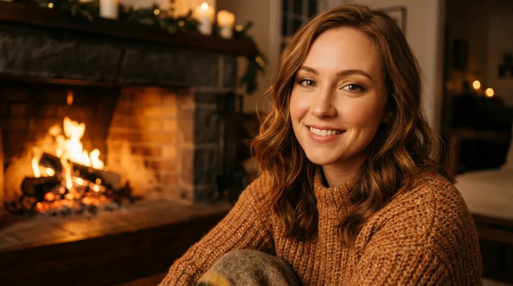 Woman with warm golden makeup tones near fireplace in cozy winter evening setting