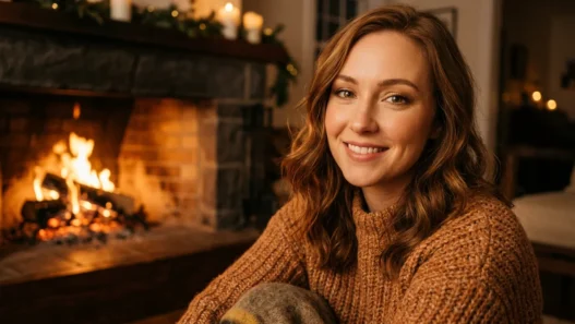 Woman with warm golden makeup tones near fireplace in cozy winter evening setting