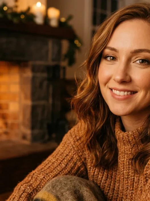 Woman with warm golden makeup tones near fireplace in cozy winter evening setting