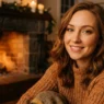 Woman with warm golden makeup tones near fireplace in cozy winter evening setting