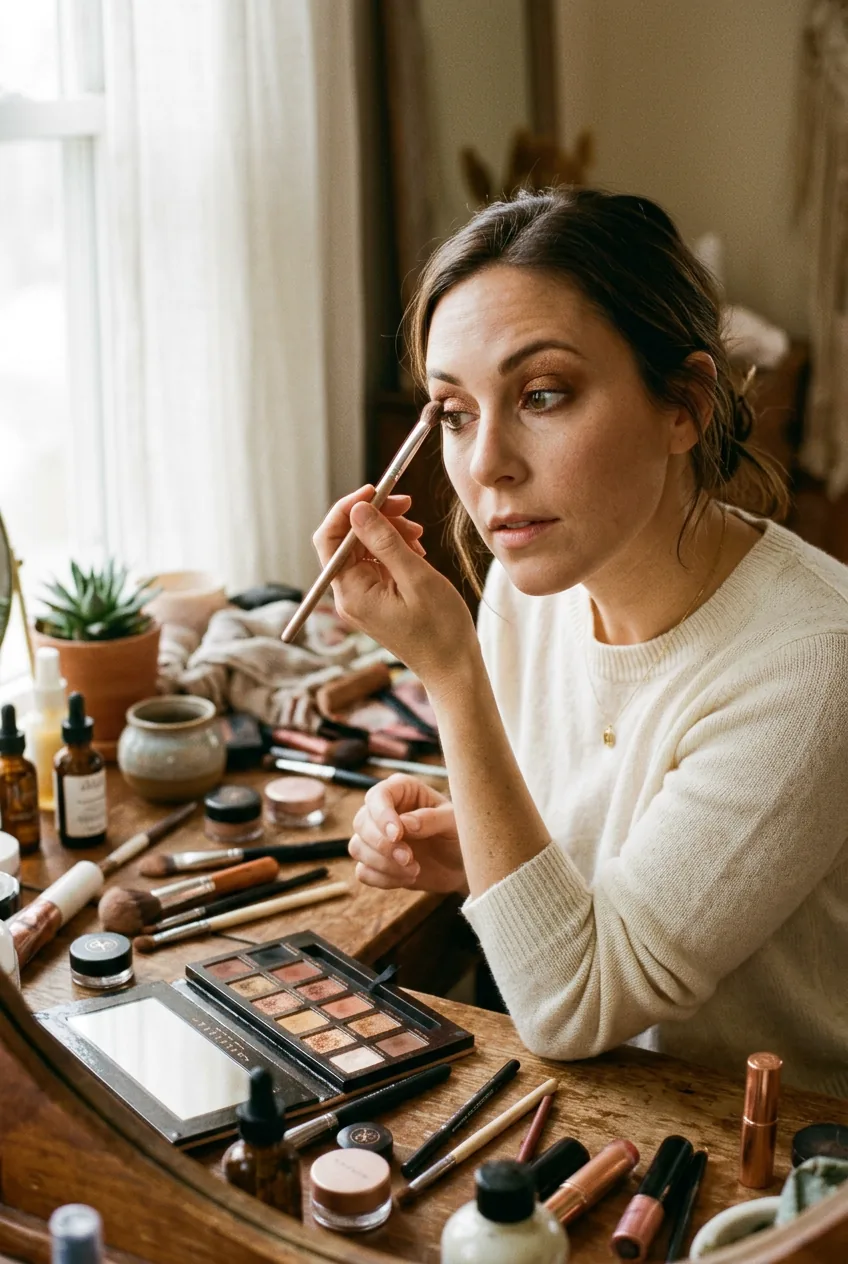 Woman touching up bronze eyeshadow showing layering technique in morning light