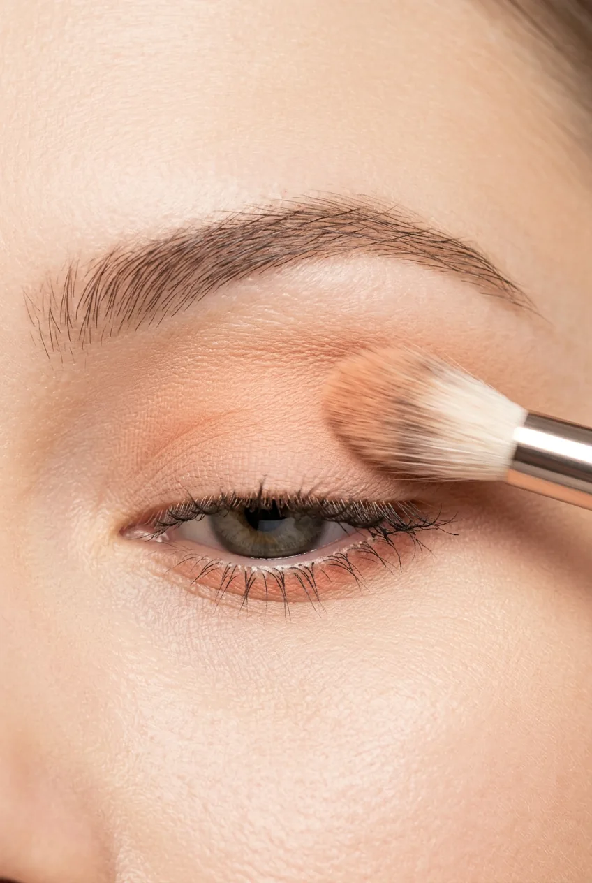 Fluffy blending brush sweeping light transition shade across entire eyelid in preparation