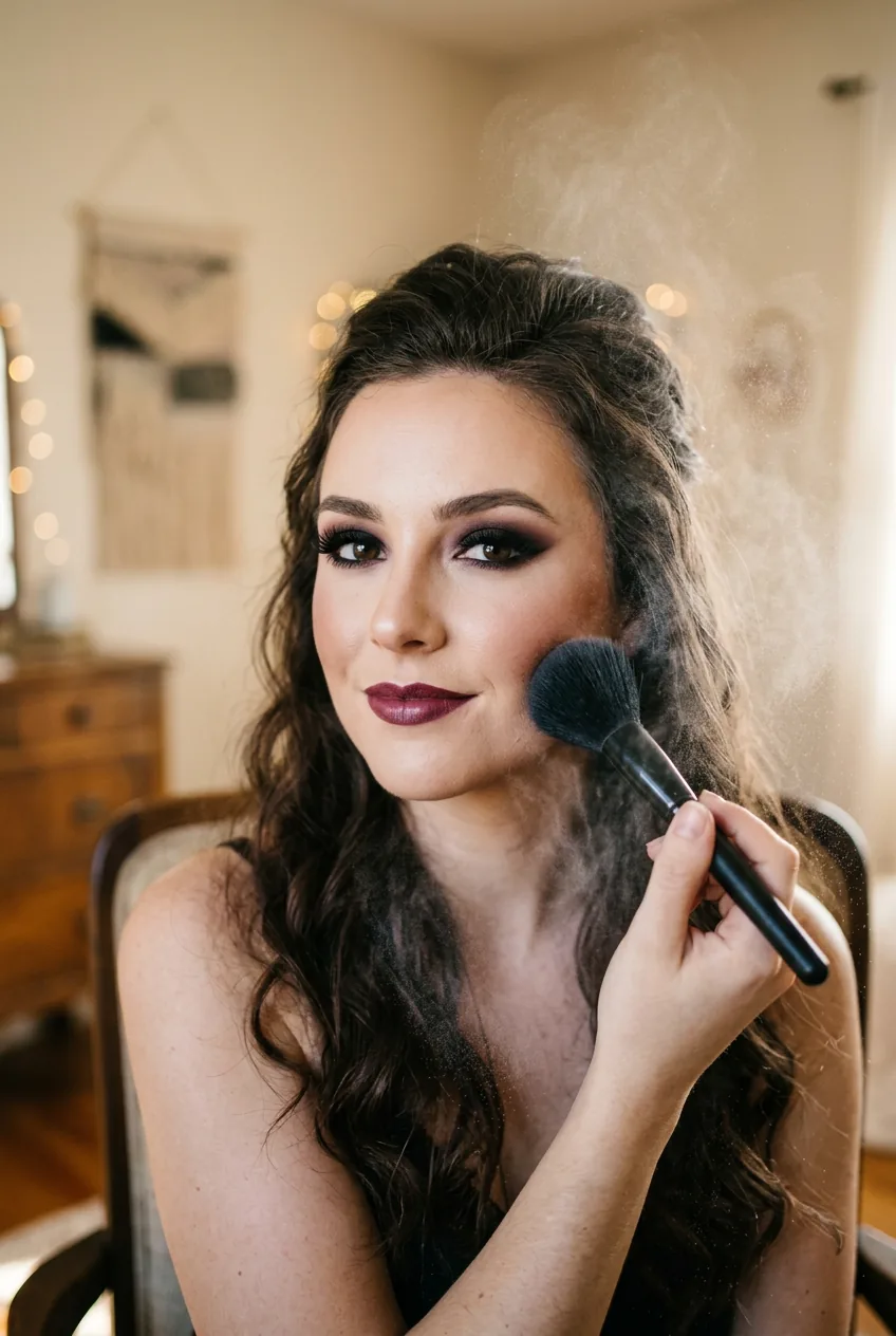 Large fluffy brush applying translucent powder as final step with setting spray mist