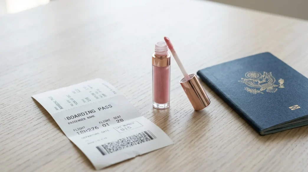 Travel-sized lip gloss tube next to boarding pass and passport on white surface