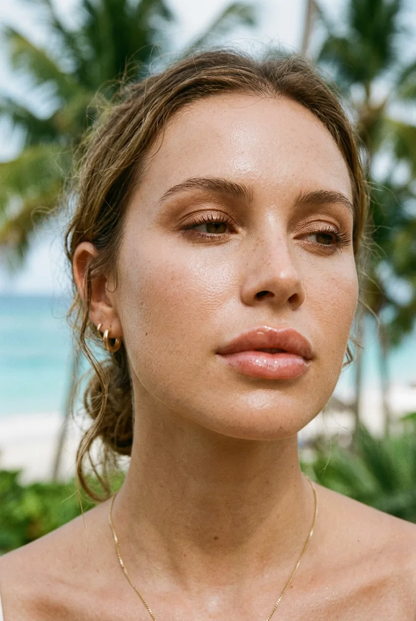 Close-up of lips with perfect gloss in tropical setting with palm trees background