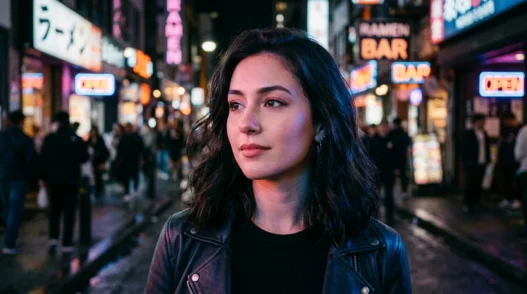 Woman with vampire-inspired makeup featuring neon street lighting reflecting on her face