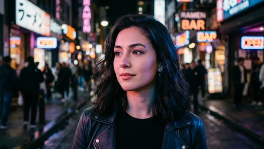 Woman with vampire-inspired makeup featuring neon street lighting reflecting on her face