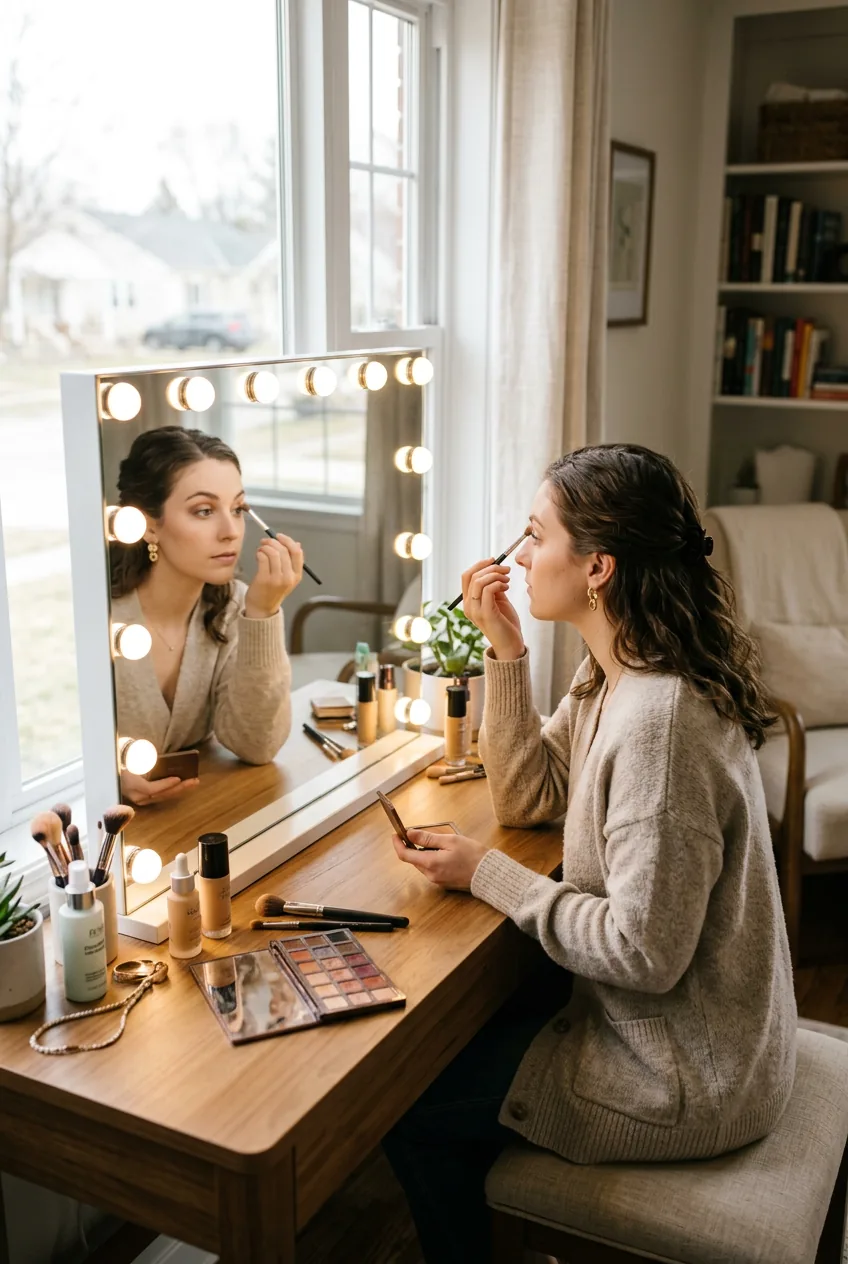 Woman positioned at vanity mirror with natural window lighting and elbow supported for stability