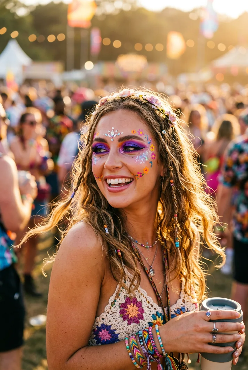 Portrait of woman with vibrant purple eyeshadow and festival makeup in golden light