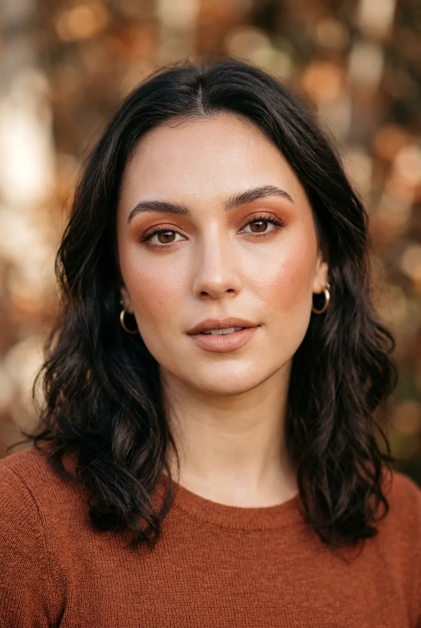 Woman with warm terracotta eyeshadow and matching blush in earthy tones