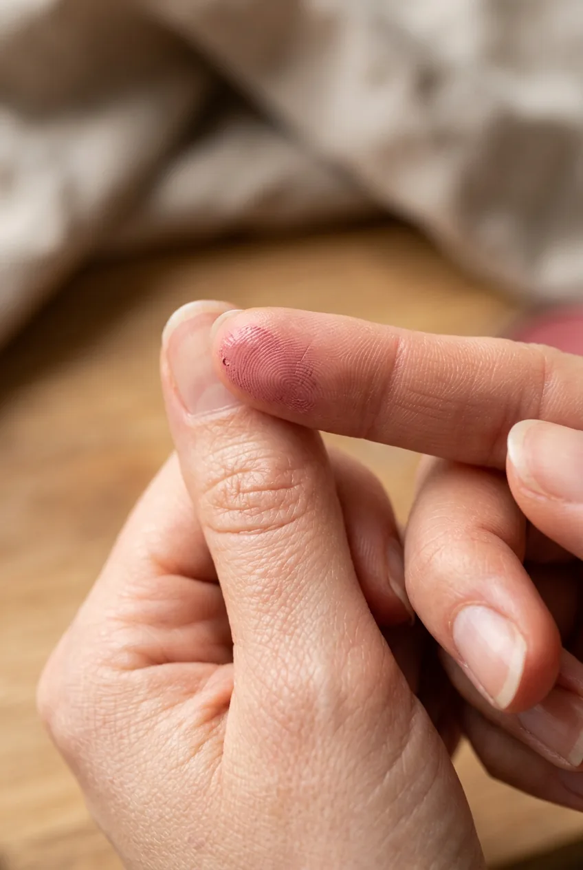 Tiny amount of cream blush being warmed between fingertips in close-up detail shot