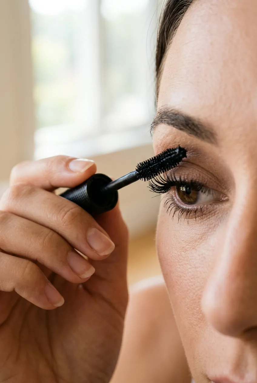 Waterproof mascara wand applying black formula to individual lashes in natural lighting