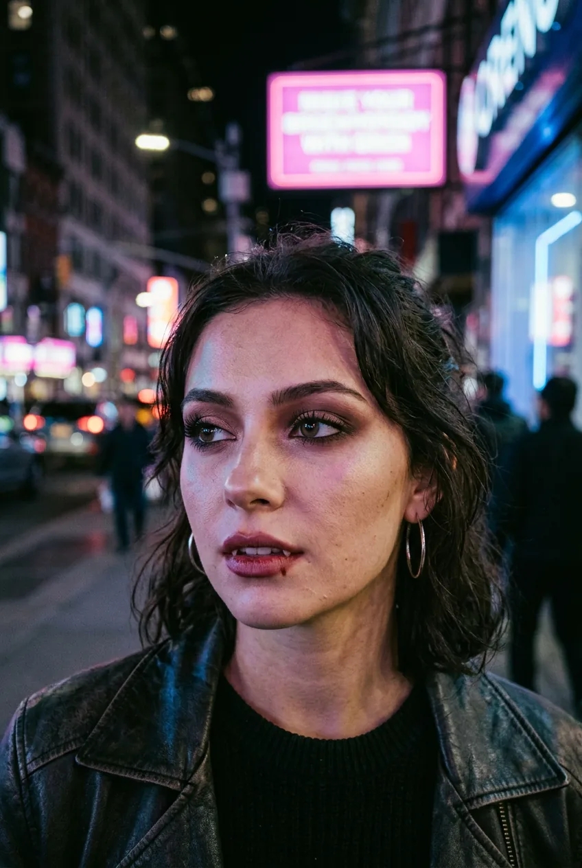 Woman wearing wearable vampire makeup with taupe and plum smoky eyes and berry lip stain