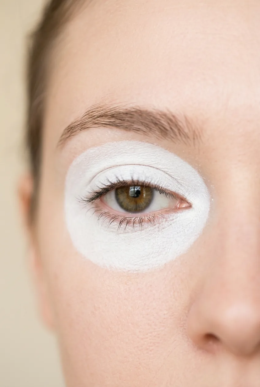 Eye area showing white theatrical makeup being applied in thin layers with makeup sponge