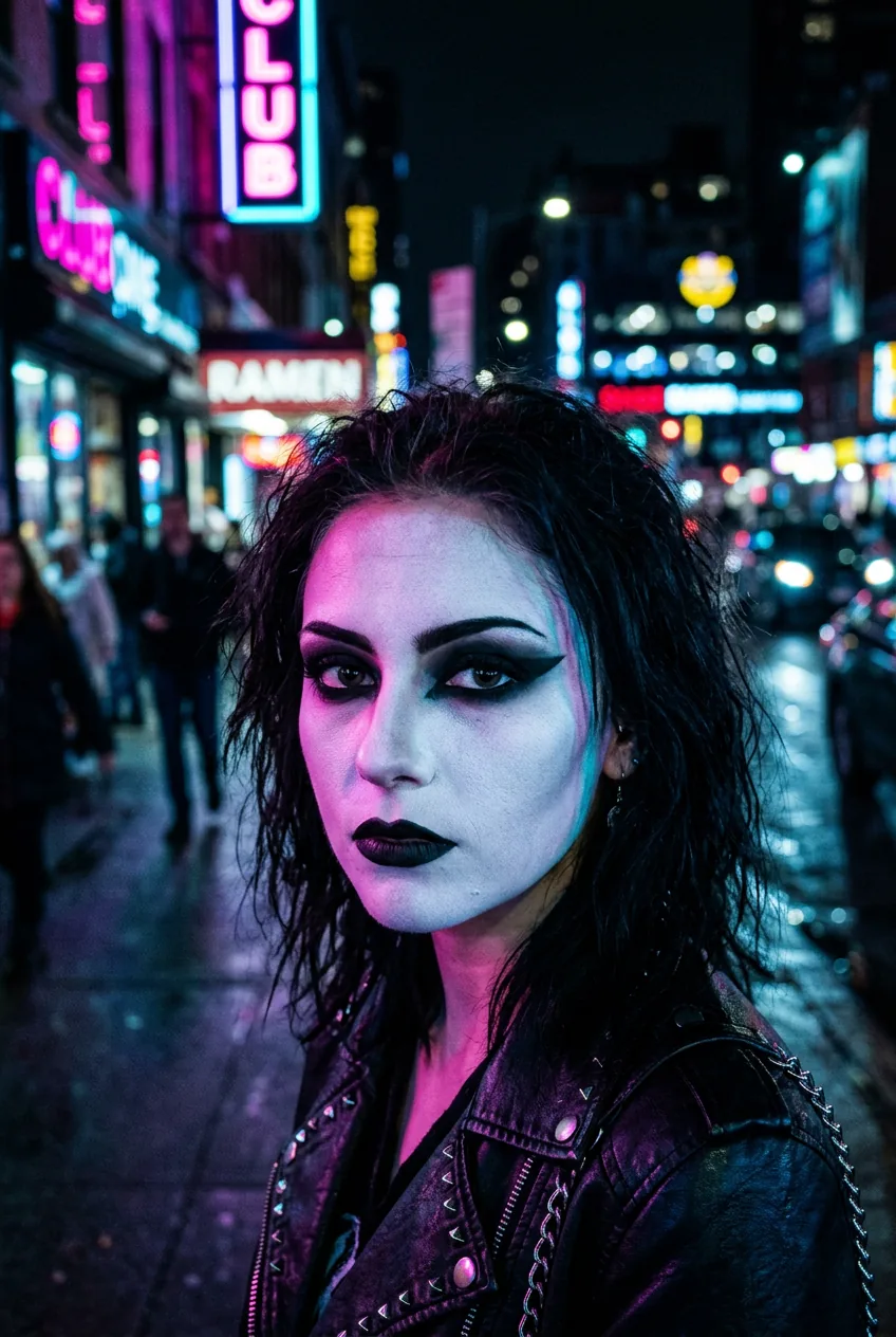 Woman with white foundation and black eyeshadow creating dramatic contrast under magenta and cyan neon lighting