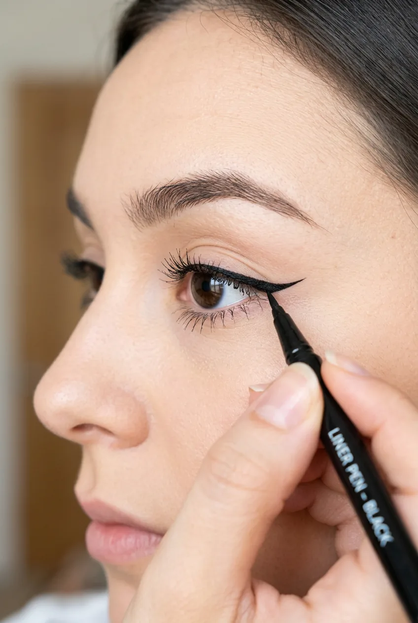 Side view of eye showing wing outline being drawn following natural lower lash line angle