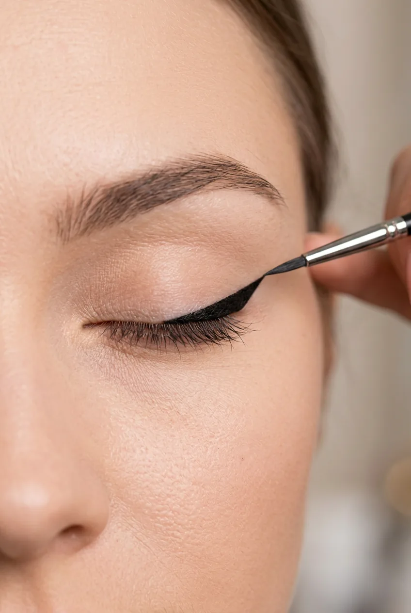 Sharp black winged eyeliner being drawn on outer corner creating clean geometric line